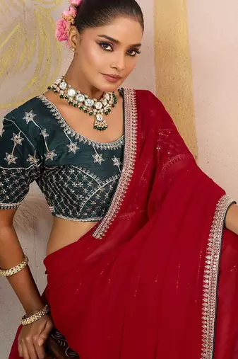 Red sequinned pure georgette saree