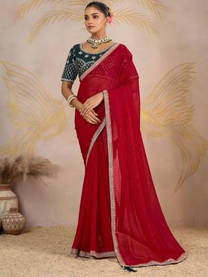 Red sequinned pure georgette saree 2