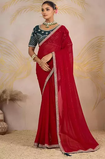 Red sequinned pure georgette saree