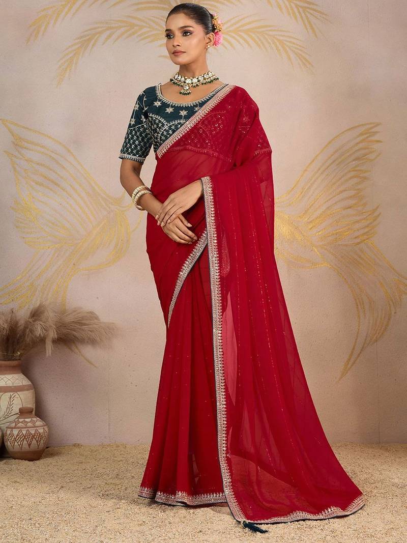 Red sequinned pure georgette saree