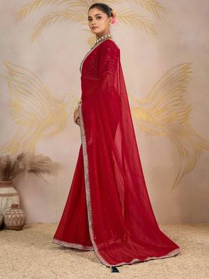 Red sequinned pure georgette saree 3