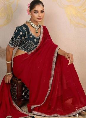 Red sequinned pure georgette saree 5