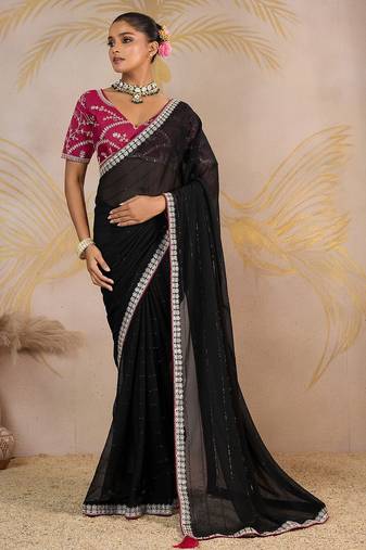 Black embellished sequinned pure georgette saree