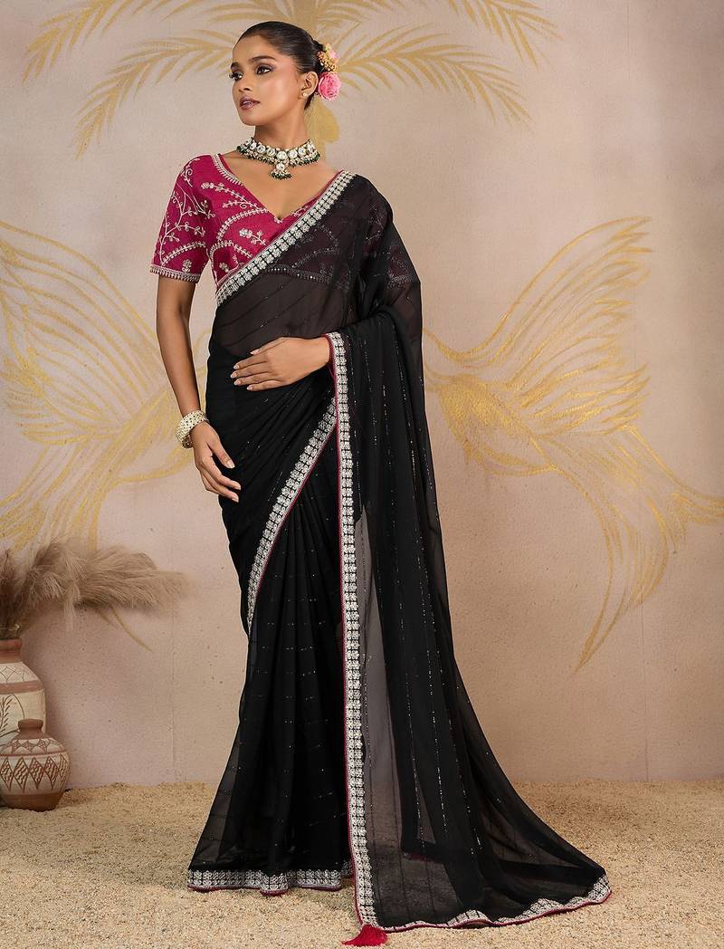 Black embellished sequinned pure georgette saree