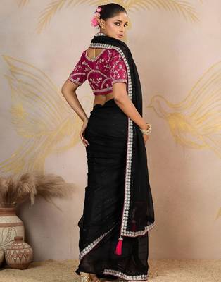 Black embellished sequinned pure georgette saree 3