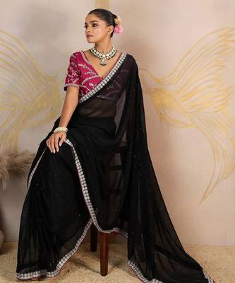 Black embellished sequinned pure georgette saree 4