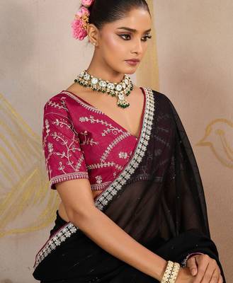 Black embellished sequinned pure georgette saree 5