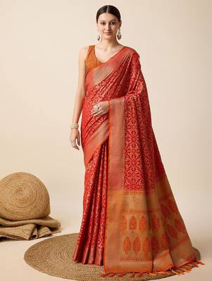 Red art silk woven patola saree with blouse piece 1