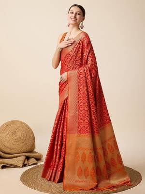 Red art silk woven patola saree with blouse piece 2