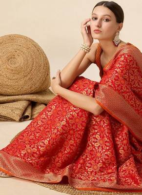 Red art silk woven patola saree with blouse piece 4