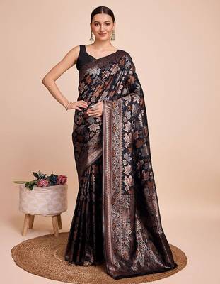 Black woven embellished art silk kanjeevaram saree 1