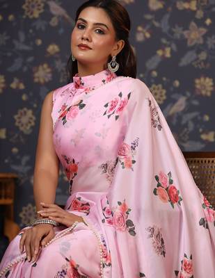 Pink floral printed embellished satin saree 1