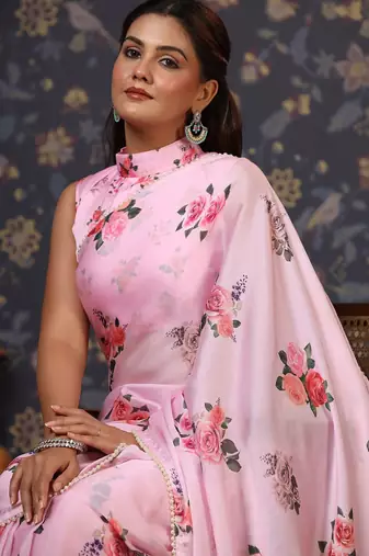 Pink floral printed embellished satin saree