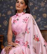 Pink floral printed embellished satin saree