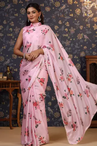 Pink floral printed embellished satin saree