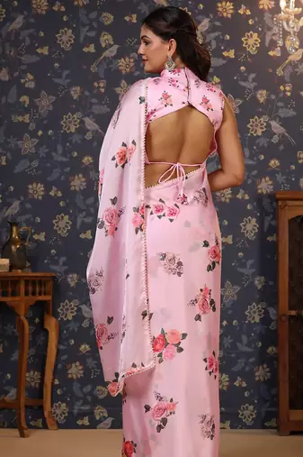 Pink floral printed embellished satin saree