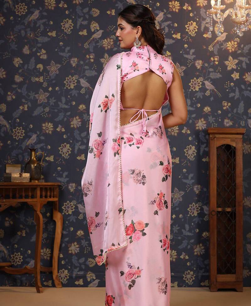 Pink floral printed embellished satin saree