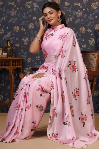 Pink floral printed embellished satin saree