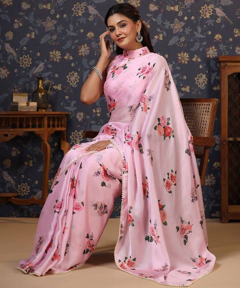 Pink floral printed embellished satin saree