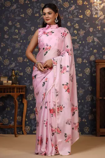 Pink floral printed embellished satin saree