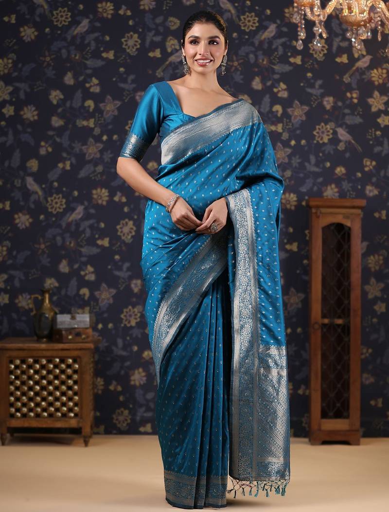 Blue woven design ethnic motifs heavy work banarasi saree