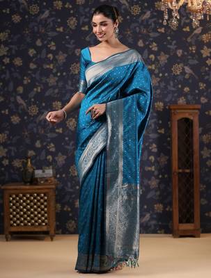 Blue woven design ethnic motifs heavy work banarasi saree 3