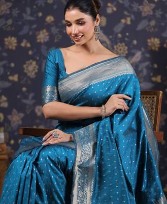 Blue woven design ethnic motifs heavy work banarasi saree 5