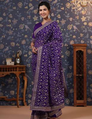 Violet embroidered heavy work saree 2