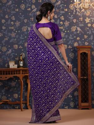 Violet embroidered heavy work saree 3