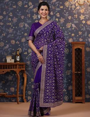 Violet embroidered heavy work saree 4