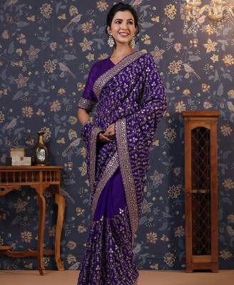Violet embroidered heavy work saree 5