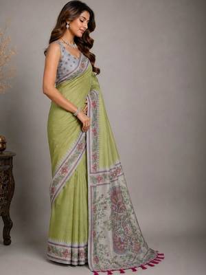 Lime kalamkari silk blend saree 4