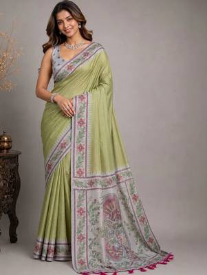 Lime kalamkari silk blend saree 5