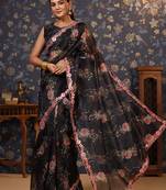 Black floral printed gotta patti organza saree