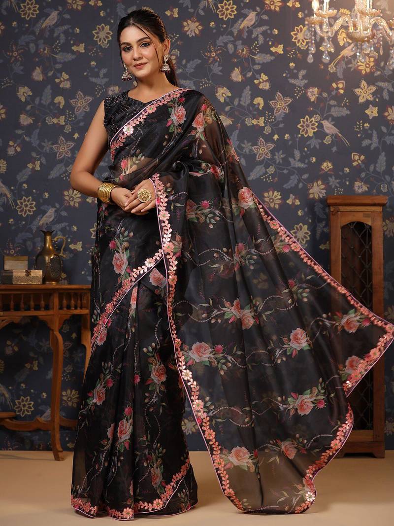 Black floral printed gotta patti organza saree