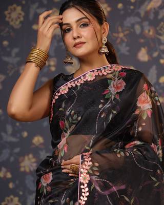 Black floral printed gotta patti organza saree 2