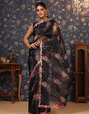 Black floral printed gotta patti organza saree 3