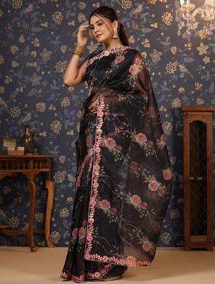 Black floral printed gotta patti organza saree 4