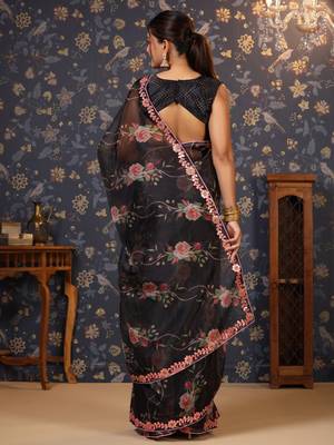 Black floral printed gotta patti organza saree 5