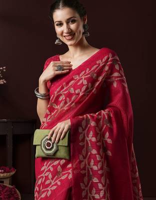 Pink ethnic motifs block print saree with matching blouse 1