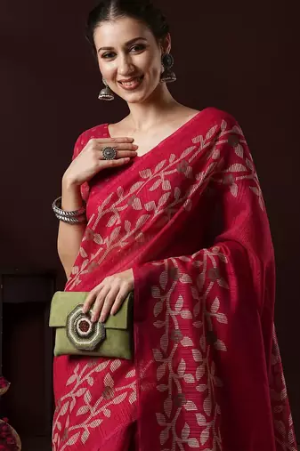 Pink ethnic motifs block print saree with matching blouse