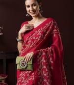 Pink ethnic motifs block print saree with matching blouse