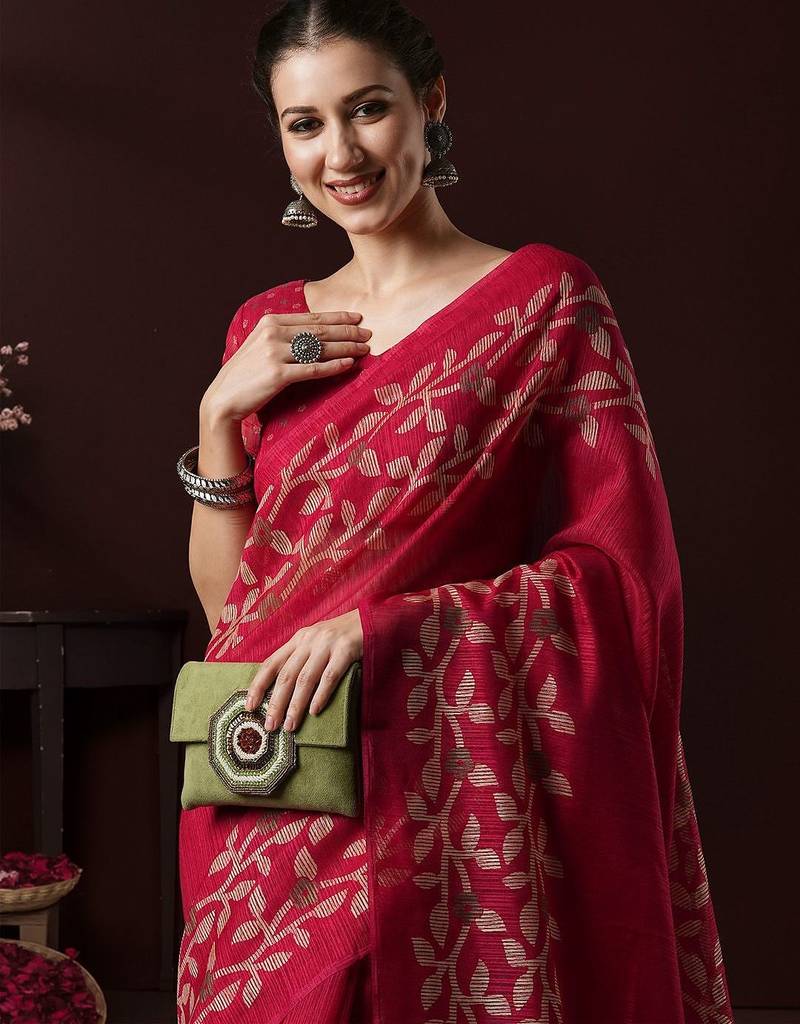 Pink ethnic motifs block print saree with matching blouse