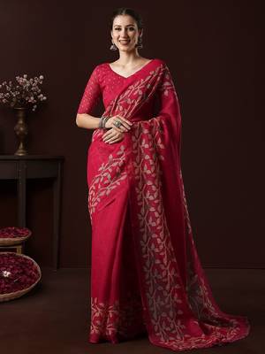 Pink ethnic motifs block print saree with matching blouse 2