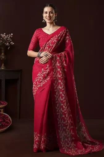 Pink ethnic motifs block print saree with matching blouse