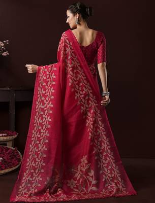 Pink ethnic motifs block print saree with matching blouse 3