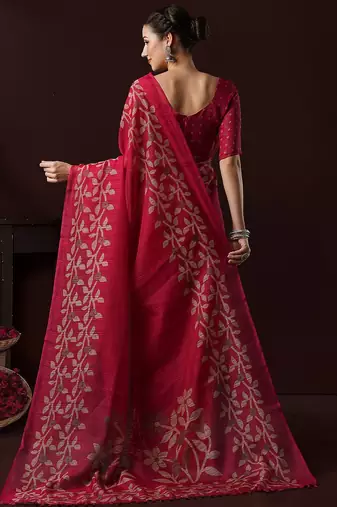 Pink ethnic motifs block print saree with matching blouse