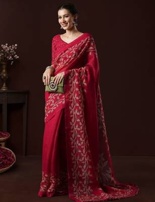 Pink ethnic motifs block print saree with matching blouse 4