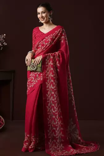 Pink ethnic motifs block print saree with matching blouse