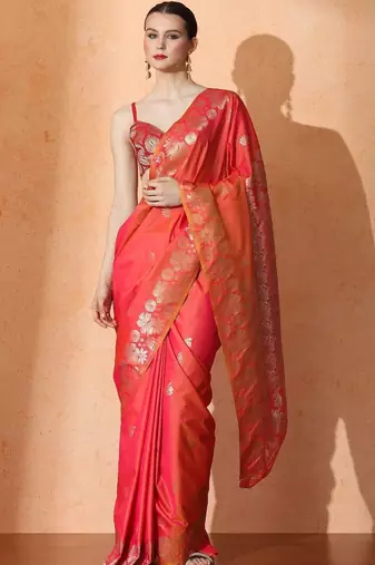 Orange woven design banarasi sarees with blouse piece